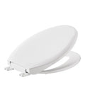 Slow-Close Elongated Toilet Seat With Quick-Release Hinges White Ever-Tite Locking shown closed and elevated angle