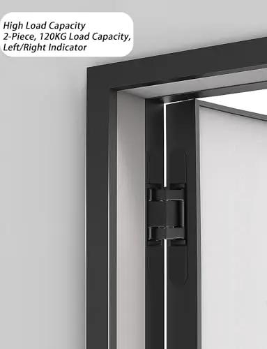 Adjustable 180 Degree Silent Concealed Hinge For Wooden Folding Doors Dial-In Perfect Fit Every Time Zero Headache Quick Install Super Smooth Swing Silver Hardware Single Pack close-up view showing high load capacity and left/right indicator.