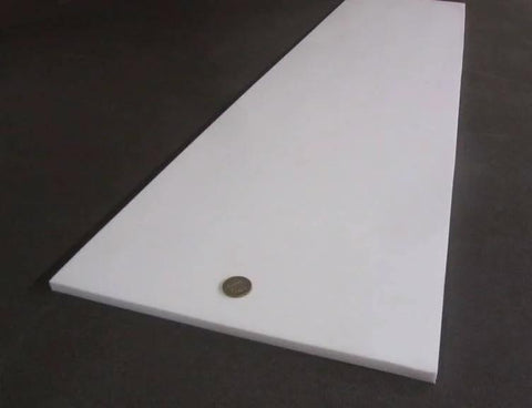 Virgin PTFE Sheet Three Eighths Inch Thick By Twelve By Forty Eight Inches Nonstick Material For High Temperature Applications Pro Grade Durable Machining And Sealing Projects, side view with coin for scale.