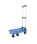 Heavy Duty Folding Platform Cart With Smooth Ball Casters Lets You Crush Hauling Tasks Stress Free, blue utility dolly, aluminum frame, compact design.