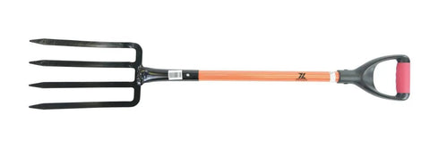 Fiberglass D-Grip Four-Tine Spading And Roofing Fork For Tough Soil, Diamond Point Tines, Forged Steel Head, North American Hardwood Handle