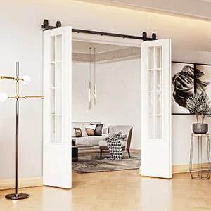 Heavy Duty Four Door Bifold Barn Door Hardware Kit With Black Track And Top Mounted Rollers For Smooth Bifold Sliding Doors Includes Rail Sections Rollers Hinges Floor Guides And Mounting Screws Door Not Included.