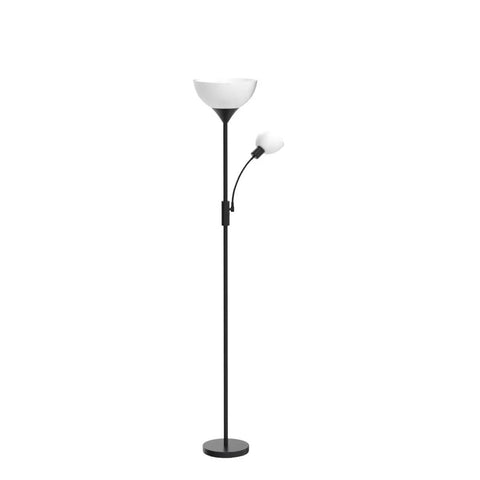 Tall Torchiere Floor Lamp With Adjustable Reading Light, 71-Inch Tall Pole, 3-Way Switch, Black Plastic Lampshade, Dual E26 Base.