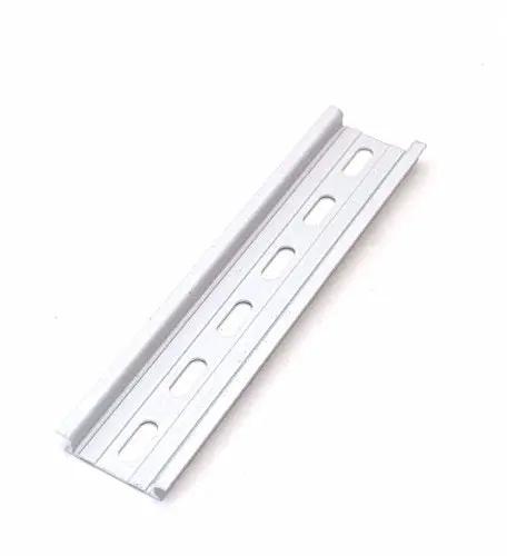 Image showing a Rugged Aluminum DIN Rail Slotted RoHS Compliant, 6 Inch Long, 35mm Wide, 7.5mm High for industrial electrical panels.