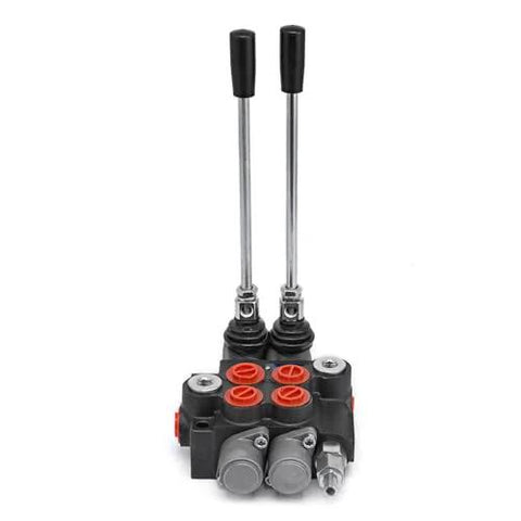 Vevor 2-spool hydraulic directional control valve, black body with dual levers and red port caps
