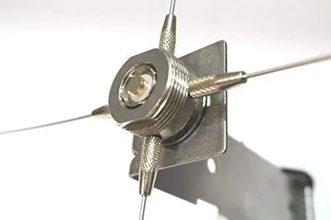 Ground Plane NMO Mount Kit with four 21 inch radials and SO239 connector close-up, showing bracket for 2 inch poles or masts.
