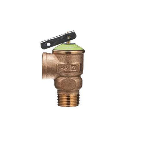 P1000AXL-125C pressure relief valve, brass body with green cap and black lever, threaded connection.