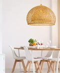 Handmade Bamboo Pendant Light For Kitchen Island And Living Room, 17.6 Inch Wicker Chandelier Hanging Lampshade over dining table