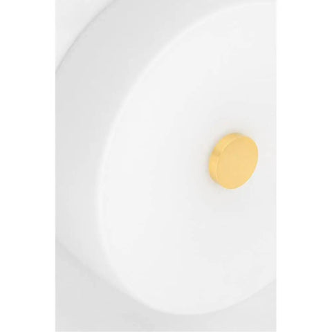 Close-up detail of Sophie 2 Light Flush Mount Ceiling Light In Polished Nickel Finish Dope Sleek Modern Indoor Lighting Fixture Measuring 4.5 Inches Tall And 11.75 Inches Wide Bulbs Not Included focusing on gold accent.