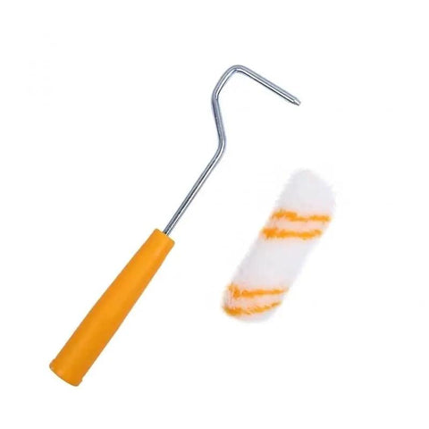 Slick 10 Piece Mini Paint Roller Covers Heavy Duty Acrylic Dripless Wall Wood Fabric Decorating Kit with yellow handle and cover.