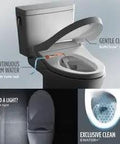 Straight Up Game Changer Elongated Electronic Bidet Toilet Seat With Self Cleaning Wand And Warm Water Cleansing And No Hassle Installation In Sedona Beige Contemporary Design showing features like gentle close and warm water.