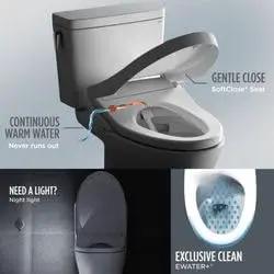 Straight Up Game Changer Elongated Electronic Bidet Toilet Seat With Self Cleaning Wand And Warm Water Cleansing And No Hassle Installation In Sedona Beige Contemporary Design showing features like gentle close and warm water.