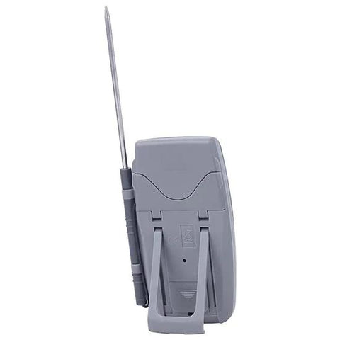 Traceable Kangaroo Thermometer, side view of gray plastic unit with metal probe (Amazon brand).