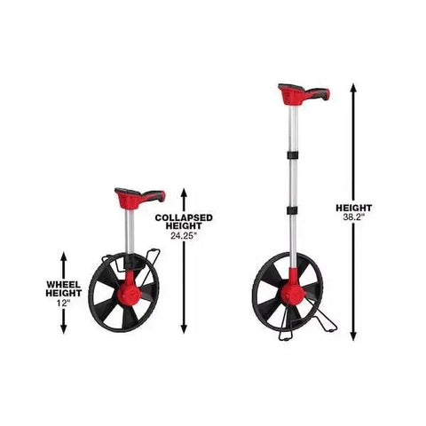 Badass Digital Measuring Wheel Featuring A 12 Inch Durable Metal Roller And Crisp IP54 Backlit Display For On Point Property Line Marking Outdoors Distance Recording Up To 99999 Feet, showing collapsed height and full height.