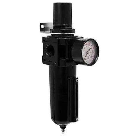 Three Quarters Inch NPT Air Filter Regulator with Moisture Removal Up To 150 PSI, front view with gauge and locking knob