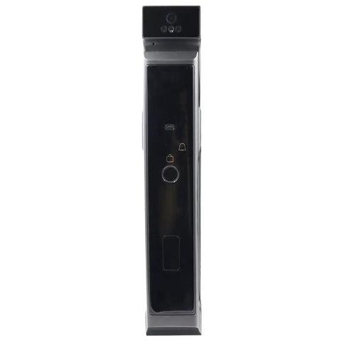 Fully Automatic Smart Door Lock Offering Slick 3D Fingerprint Recognition And Instant Remote Video Chat For Dead Simple Secure Entry Using Passcodes Swipe Cards Standard Keys, front view showcasing sleek black design and access interface.