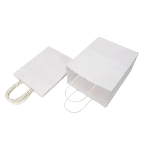 Medium White Kraft Paper Bags With Handles 8x4.75x10 Inches Bulk Pack Of 100 displayed on a white background