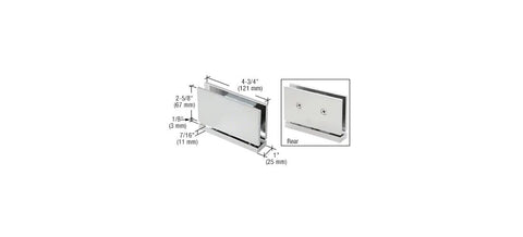 Senior Cardiff Series Satin Chrome Hinge for One Half Inch Glass, detailed front and rear view with measurements shown.
