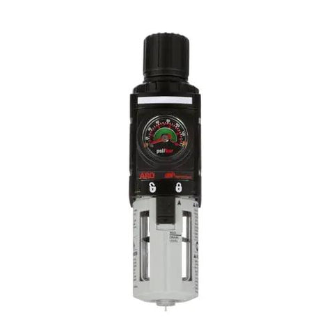 Front view of One Quarter Inch Piggyback Filter Regulator With Lubricator For Industrial Air Systems Shop Floor Ready 1000 Series Manual Drain