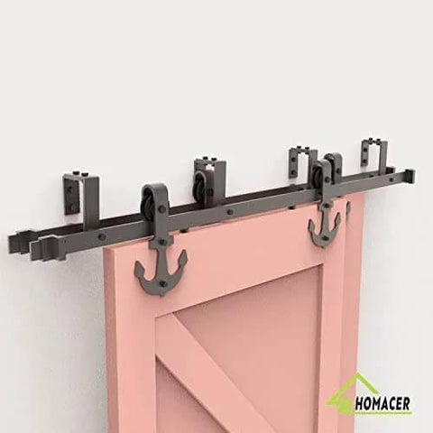 Black Rustic Double Track U Shape Bypass Sliding Barn Door Hardware Kit For Two Doors 4.5ft flat track installed view