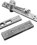 Center Hung Top Pivot With Walking Beam And Cover Plate, satin chrome finish, components for lateral adjustment and true plumb alignment.