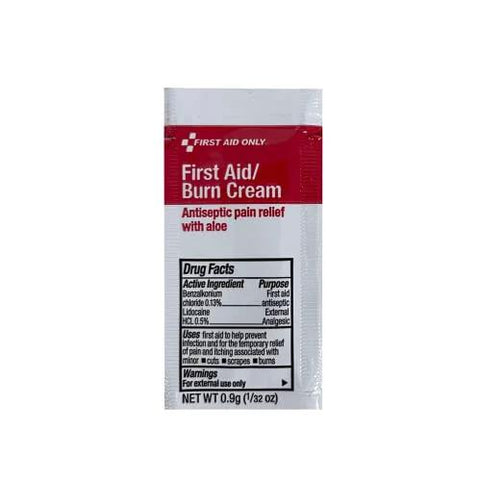 First Aid/Burn Cream sachet from First Aid Only, white packet with red header; antiseptic pain relief with aloe.