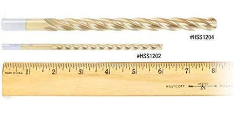 Two Amana Tool HSS foam-cutting end mills, extended reach, 1/2 in diameter, with ruler for scale
