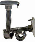 Front view of two stainless steel pontoon deck bolts with nuts and washers.