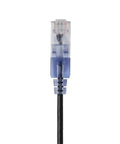Close-up of SlimRun Cat6A Patch Ethernet Cable Snagless Narrow Boot UTP 550MHz 10G 30AWG 1 Foot Black connector end view