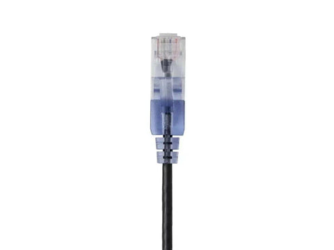Close-up of SlimRun Cat6A Patch Ethernet Cable Snagless Narrow Boot UTP 550MHz 10G 30AWG 1 Foot Black connector end view