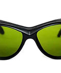 Top Shelf Heavy Duty Laser Safety Glasses With Wide Spectrum Filtering For UV And Infrared Light, black wraparound design with green lenses.