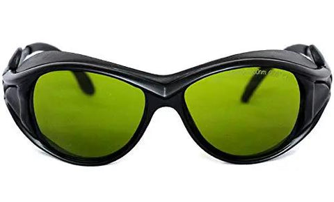 Top Shelf Heavy Duty Laser Safety Glasses With Wide Spectrum Filtering For UV And Infrared Light, black wraparound design with green lenses.