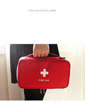 Red first aid pouch with handle; compact zippered medical kit bag with white cross and FIRST AID text