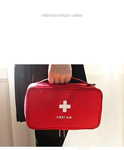 Red first aid pouch with handle; compact zippered medical kit bag with white cross and FIRST AID text