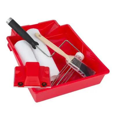 Heavy Duty Seven Piece Painter Kit With Red Deep Well Tray showing nine inch knit rollers and easy grip frame for smooth coverage.