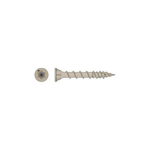 Deck-Drive DSV Wood Screw Collated 8 By 1-5/8 Inches T25 6-Lobe Tan Exterior Deck Fasteners shown in profile and head view.