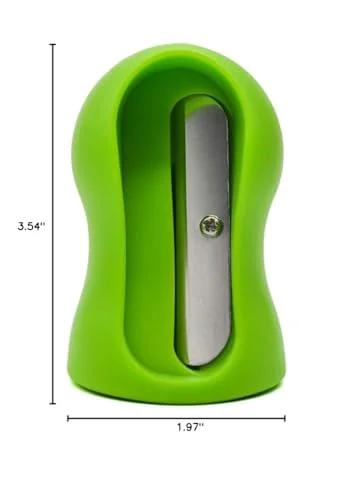 Carrot spiral slicer, green plastic body, stainless steel blade, front view