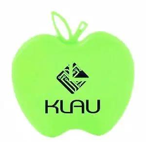 Klau brand green apple-shaped silicone keychain holder with logo visible, featuring a loop for attachment.