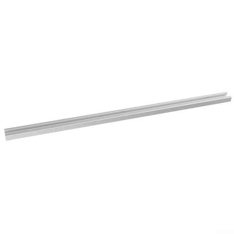 Single aluminum T slot track from Two Pack 400mm Aluminum T Slot Tracks With Double Cut Profile For Router Table Miter Gauge Jig Slider System DIY Workbench Clamp Rail Drill Press Table Accessory Silver shown at an angle