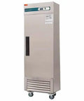 Heavy Kickass Workhorse 27 Inch Wide Commercial Freezer Upright Reach In Single Solid Door 23 Cu Ft Cold Storage, stainless steel exterior.