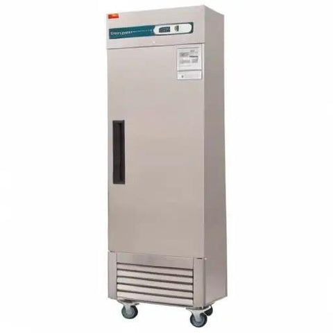 Heavy Kickass Workhorse 27 Inch Wide Commercial Freezer Upright Reach In Single Solid Door 23 Cu Ft Cold Storage, stainless steel exterior.