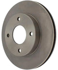Front brake rotor with gray metal finish, vented design, four lug holes around the center bore