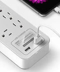 Close-up of Boss Level Surge Protector Power Strip Featuring Hella Spacious 12 Outlets And 2 USB Ports Plus A Six Foot Extension Cord.
