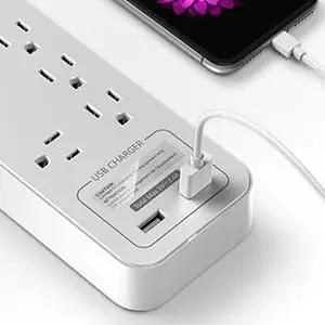 Close-up of Boss Level Surge Protector Power Strip Featuring Hella Spacious 12 Outlets And 2 USB Ports Plus A Six Foot Extension Cord.