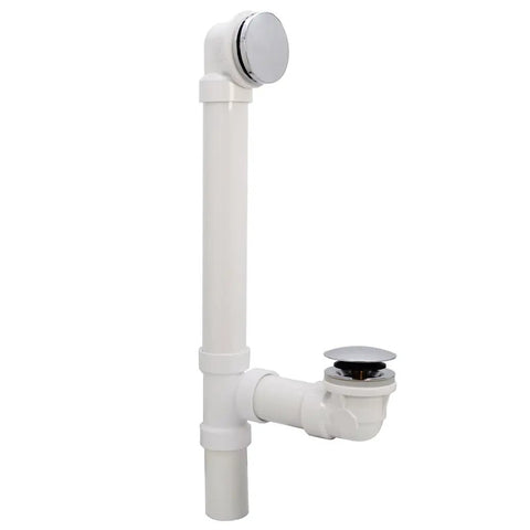 Built Tough Sch 40 Pvc Bath Waste And Overflow Assembly With Slick Illusionary Faceplate And Ada Compliant Toe Touch Drain Plug Polished Chrome. White PVC assembly with chrome touch drain.