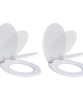 Dual Pack Soft Close Toilet Seats MDF Bathroom Hardware White Smooth Glide Lids shown open with heavy duty hinges.