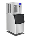 Heavy Duty Commercial Ice Maker Cranks Out 792 Lbs Of Chunky Granular Ice Daily With A Stacked 440 Lb Storage Bin, stainless steel design.