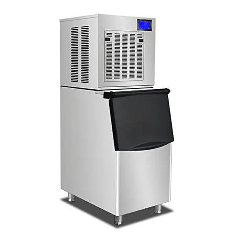 Heavy Duty Commercial Ice Maker Cranks Out 792 Lbs Of Chunky Granular Ice Daily With A Stacked 440 Lb Storage Bin, stainless steel design.