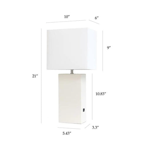 Leather Wrapped Base Table Lamp With USB Port And White Fabric Shade Dope Modern Lighting For Living Room Or Bedroom, 21 Inch Tall