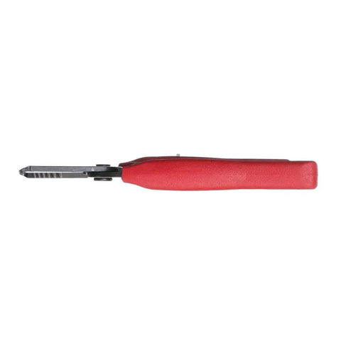 Made In USA Compact Wire Stripper And Cutter For 16 To 26 AWG Stranded Wire with red handle and narrow nose.